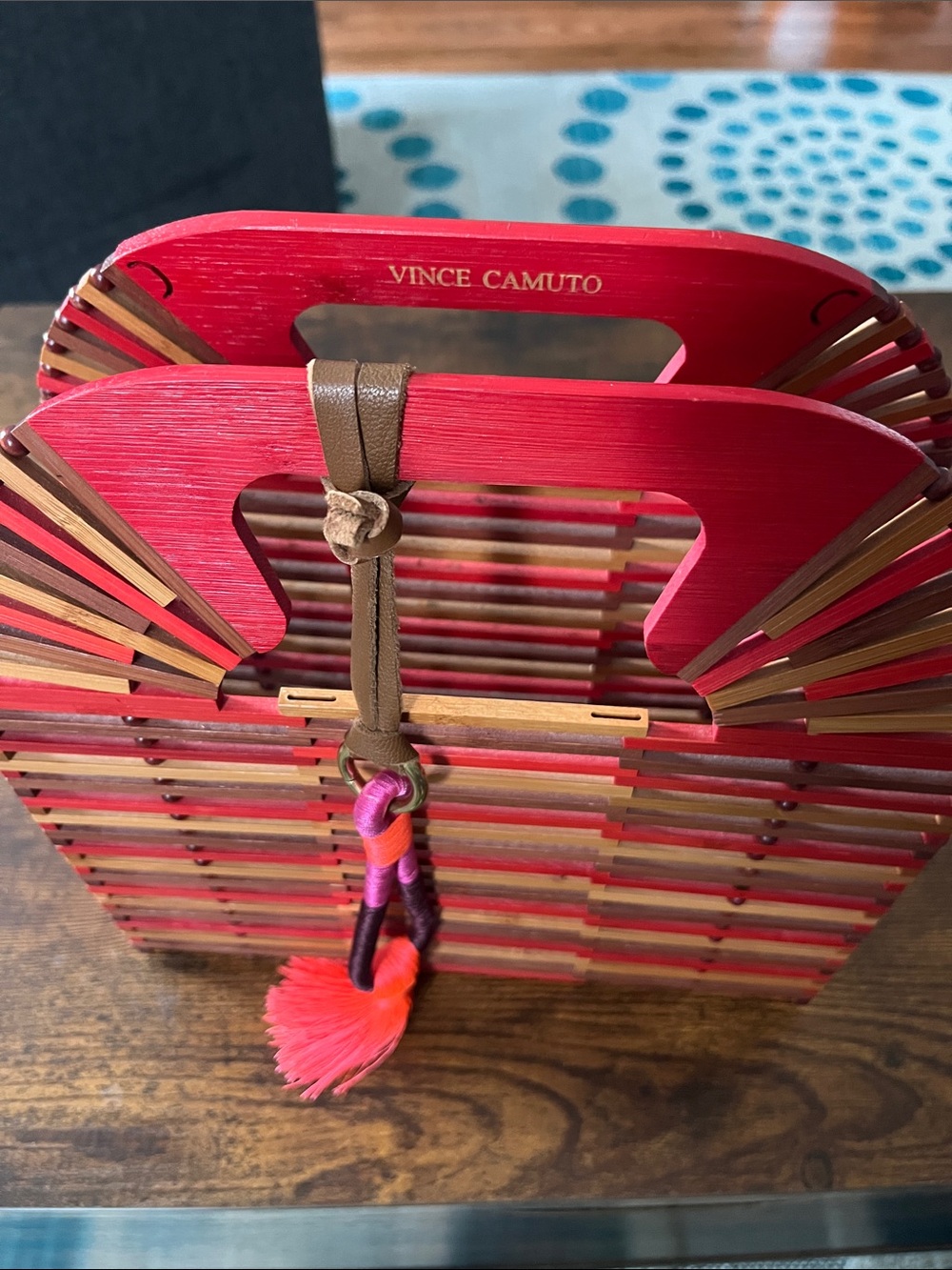 Vince Camuto Red and Brown Bamboo Tote with Tassel Accent